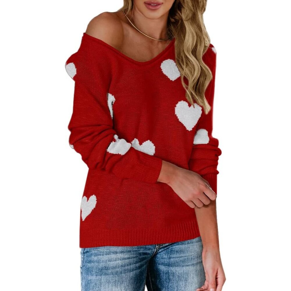 Womens Cute Love Heart Print Sweaters Oversized Off The Shoulder Loose Knitted V